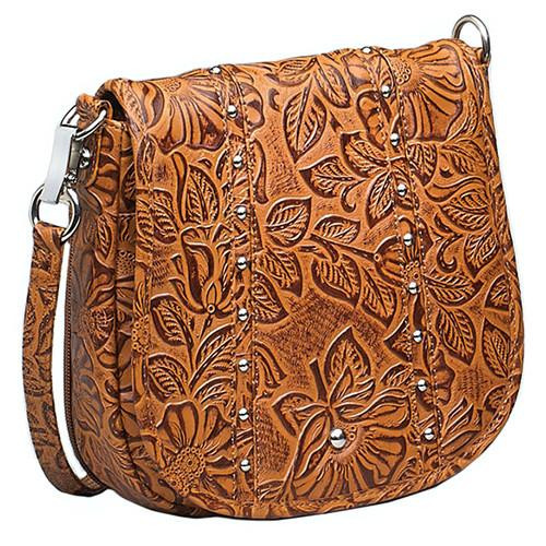 Gun Toten Mamas Studded Tooled Cowhide Flap Bag Tan