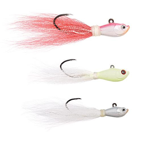 Eagle Claw Trokar Bucktail Jig Assortment 1, 2, & 3 oz., 90 Degree, White, Pink and Glow Color, Black Chrome Hook