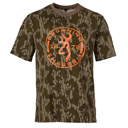 Browning Graphic T-Shirt, Short Sleeve Circle Buckmark, Orange/Mossy Oak Original Bottomlands, X-Large