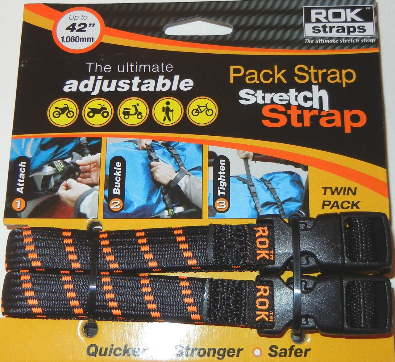 ROK Straps Motorcycle Adjustable Cargo Straps Black/Orange