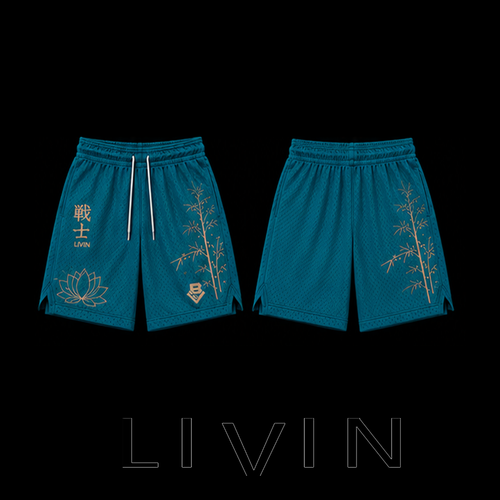 The Teal Warrior in a Garden™ Basketball Shorts bring together a deep teal athletic mesh base with bamboo, lotus, and Japanese-inspired artwork.
The combination of teal and contrasting artwork gives these shorts a fresh, distinctive appearance that works equally well on the court and as part of an everyday streetwear outfit.
