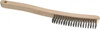 Osborn 3 Rows x 19 Columns Stainless Steel Scratch Brush 6" Brush Length, 13-11/16" OAL, 1-1/8" Trim Length, Wood Curved Handle 0005401700 - 53502209