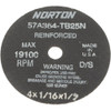 Norton 4 x 1/16, 1/2" Hole 36 Grit Aluminum Oxide Cutoff Wheel Very Coarse, Reinforced, 19,100 Max RPM, Use with Die Grinders 66243522502 - 01350826