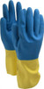 SHOWA Size M (8), 12" Long, 26 mil Thick, Latex/Neoprene Chemical Resistant Gloves Cotton Lined, Gauntlet Cuff, Blue/Yellow CHMYM-08 - 40752537