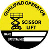 AccuformNMC Pack of 25 Safety Trained Scissor Lift - Name  Date Trained, Hard Hat Labels Round, Yellow, Black, White, 0.004" Thick, Indoor or Outdoor, Adhesive Backed, For Accident Prevention HH148 - 37663879
