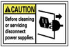 AccuformNMC 5 Qty 1 Pack Accident Prevention Label, Header: CAUTION Legend: Caution - Before Cleaning or Servicing Disconnect Power Supplies, Graphic: Outlet with Arrow Showing Plug Out, English, 5 x 3", Black, Yellow, White, Vinyl CGA15AP - 74506239