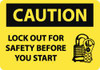 AccuformNMC 5 Qty 1 Pack Accident Prevention Label, Header: CAUTION Legend: Caution - Lock Out for Safety Before You Start, English, 5 x 3", Black, Yellow, Pressure Sensitive Vinyl C177AP - 75391854