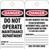 AccuformNMC Pack of (25) 6" High x 3" Long, DANGER - DO NOT OPERATE - MAINTENANCE DEPARTMENT, English Safety & Facility Accident Prevention Tags Tag Header: Danger, 2 Sides, White Poly RPT2CST - 39735030