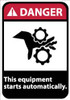 AccuformNMC "Danger - This Equipment Starts Automatically", 14" Long x 10" Wide, Aluminum Safety Sign Rectangle, 0.04" Thick, Use for Accident Prevention DGA55AB - 04902482