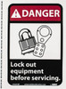 AccuformNMC "Danger - Lock Out Equipment Before Servicing", 10" Long x 7" Wide, Pressure-Sensitive Vinyl Safety Sign Rectangle, 0.004" Thick, Use for Accident Prevention DGA18P - 05508247
