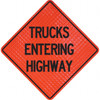 PRO-SAFE "Trucks Entering Highway," 36" Wide x 36" High Vinyl Traffic Control Sign Black on Orange, Triangle, Reflective, Sign Stand 07-800-3029-L - 31666134