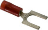 Thomas & Betts 1/4" Stud, 22 to 16 AWG Compatible, Partially Insulated, Crimp Connection, Standard Fork Terminal 0.44" Fork Width, Nylon Insulation, Red, 0.95" OAL, 600 Volts, Copper Contacts RA18-14F - 54063524