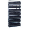 Quantum Storage Systems 1275 Series Stackable Shelf Bin Shelving Unit, 12"D x 36"L x 75"H, 8 Shelves, 21 Black Bins - 1275-425BK