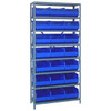 Quantum Storage Systems 1275 Series Stackable Shelf Bin Shelving Unit, 12"D x 36"L x 75"H, 8 Shelves, 21 Blue Bins - 1275-425BL