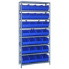 Quantum Storage Systems 1275 Series Stackable Shelf Bin Shelving Unit, 12"D x 36"L x 75"H, 8 Shelves, 28 Blue Bins - 1275-443BL