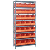Quantum Storage Systems 1275 Series Stackable Shelf Bin Shelving Unit, 12"D x 36"L x 75"H, 8 Shelves, 28 Orange Bins - 1275-443OR