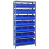 Quantum Storage Systems 1275 Series Stackable Shelf Bin Shelving Unit, 12"D x 36"L x 75"H, 8 Shelves, 21 Blue Bins - 1275-445BL