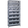 Quantum Storage Systems 1275 Series Stackable Shelf Bin Shelving Unit, 12"D x 36"L x 75"H, 8 Shelves, 21 Gray Bins - 1275-445GY
