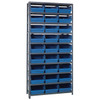 Quantum Storage Systems 1875 Series STORE-MORE Shelf Bin Shelving Unit, 18"D x 36"L x 75"H, 10 Shelves, 27 Blue Bins - 1875-210BL