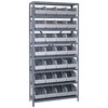 Quantum Storage Systems 1875 Series Stackable Shelf Bin Shelving Unit, 18"D x 36"L x 75"H, 8 Shelves, 28 Gray Bins - 1875-463GY