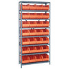 Quantum Storage Systems 1875 Series Stackable Shelf Bin Shelving Unit, 18"D x 36"L x 75"H, 8 Shelves, 28 Orange Bins - 1875-463OR