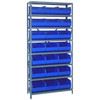 Quantum Storage Systems 1875 Series Stackable Shelf Bin Shelving Unit, 18"D x 36"L x 75"H, 8 Shelves, 21 Blue Bins - 1875-465BL