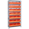 Quantum Storage Systems 1875 Series Stackable Shelf Bin Shelving Unit, 18"D x 36"L x 75"H, 8 Shelves, 21 Orange Bins - 1875-465OR