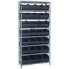 Quantum Storage Systems 2475 Series Stackable Shelf Bin Shelving Unit, 24"D x 36"L x 75"H, 8 Shelves, 28 Black Bins - 2475-483BK