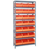 Quantum Storage Systems 2475 Series Stackable Shelf Bin Shelving Unit, 24"D x 36"L x 75"H, 8 Shelves, 21 Orange Bins - 2475-485OR