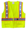 Fluorescent yellow reflective safety vest with orange and silver reflective tape designed for traffic control, construction, and nighttime visibility.