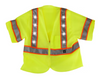 Bright fluorescent yellow high-visibility safety vest featuring orange reflective stripes and short sleeves, designed for construction workers, road crews, warehouse staff, and industrial safety applications.
