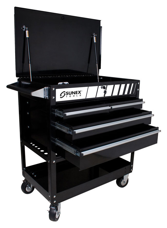 SUNEX 4 Drawer Service Cart with Locking Top, Black - 8054BK| Penn