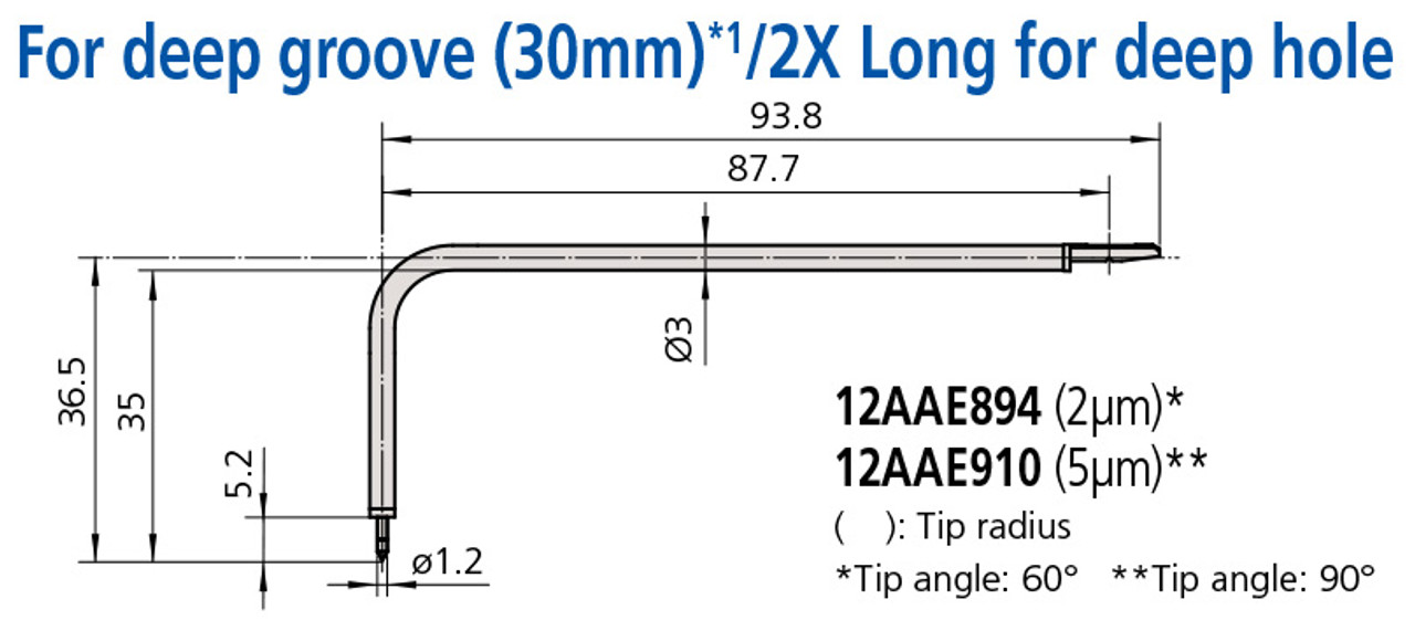 Mitutoyo Deep Groove Stylus (30mm) 2X Long for Deep Hole, Tip Angle 60°,  Tip Radius (2µm) - 12AAE894