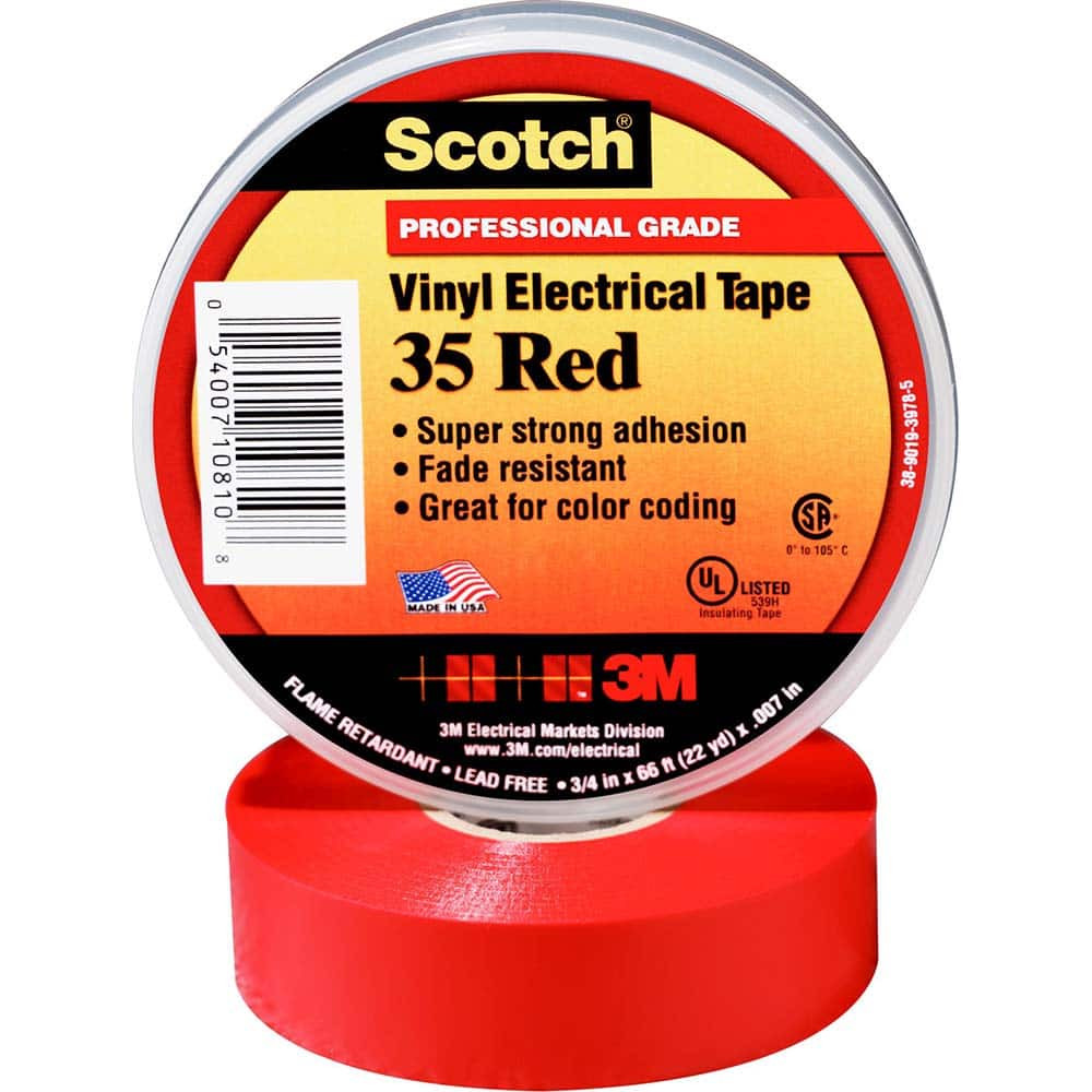 3M 1/2" x 20 ft. x 7 mil Red Vinyl Electrical Tape Rubber Adhesive, 32 to  220°F, 1,250 V/mil, Series 35 7000132636 - 54041421 - Penn Tool Co., Inc