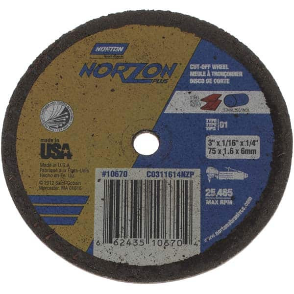 Norton 3 x 1/16, 1/4" Hole Ceramic Cutoff Wheel Reinforced, 25,465 Max