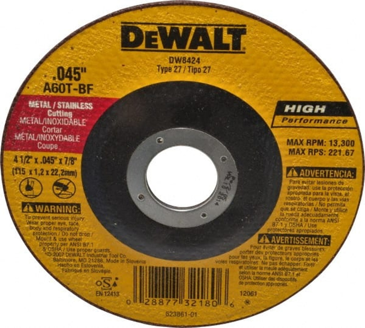 DeWALT 60 Grit, 4-1/2" Wheel Diam, 7/8" Arbor Hole, Type 27 Depressed  Center Wheel Aluminum Oxide, T Hardness, 13,300 Max RPM, Compatible with  Angle Grinder DW8424 - 08701997 - Penn Tool Co., Inc