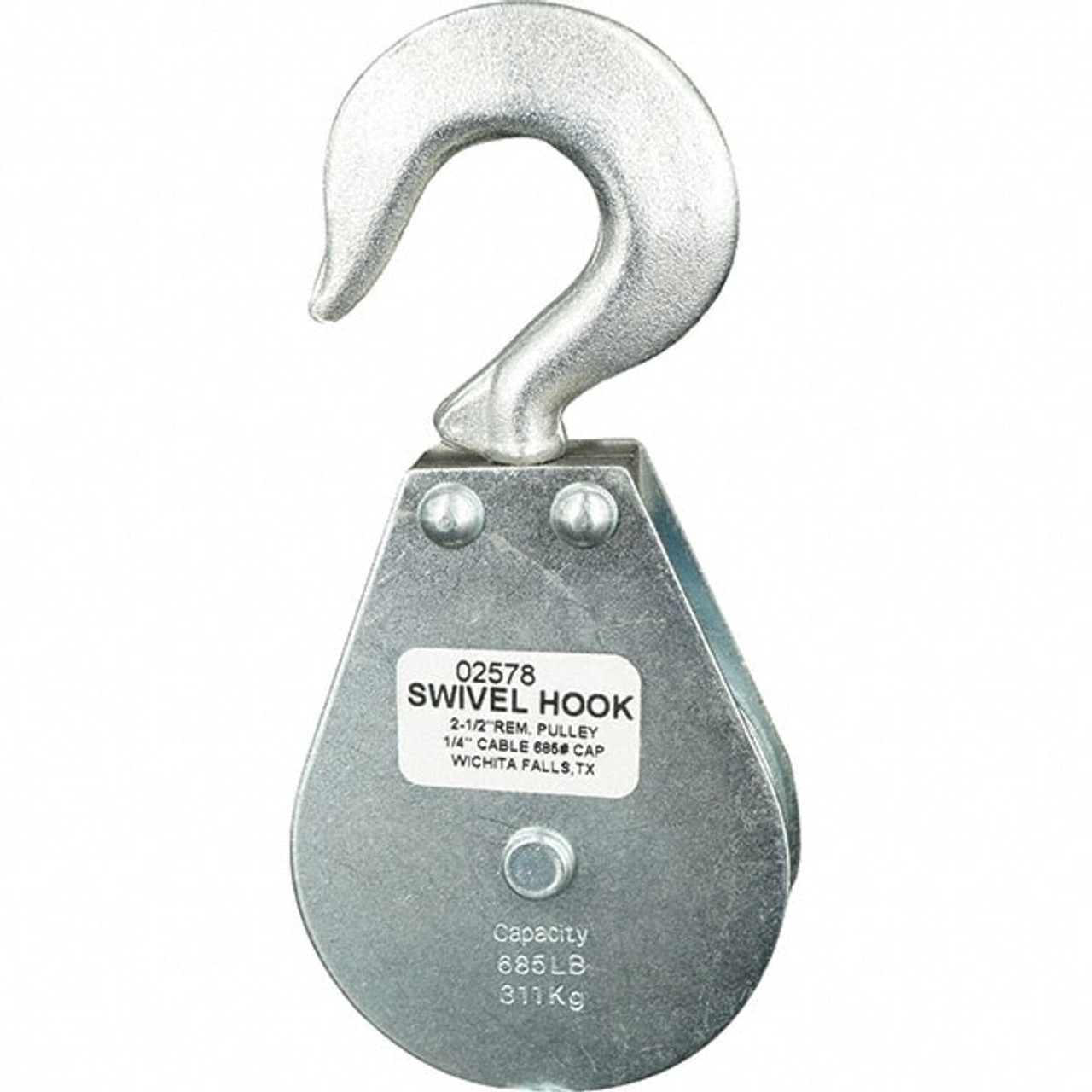 Block Division 685 Lbs. Load Limit, Swivel Hook Block Single Sheave, 2-1/2  Inch Outside Diameter, Wire Rope, 1/4 Inch Diameter, Eye, 3/8 Inch Inside  Diameter, Carbon Steel, Zinc Plated Finish 02578-C - 67326801 - Penn Tool  Co., Inc