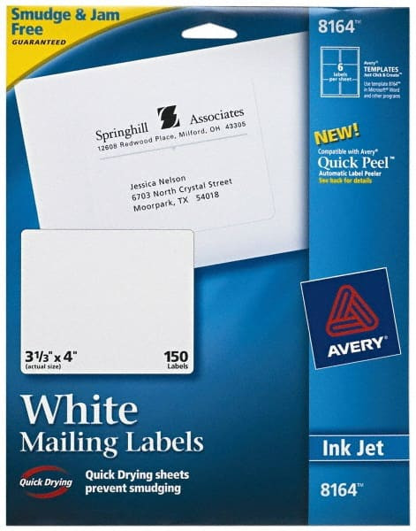 Avery Pack of (150), 3.333" x 4" White Shipping Labels For Inkjet