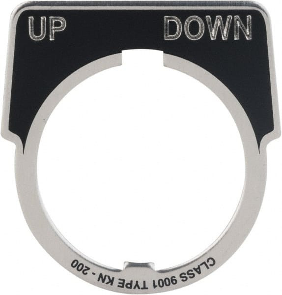Square d metal legend plate up down black background white letters