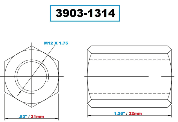 Vertex Coupling Nut, M12 X 1.75, 32mm Long 39031314