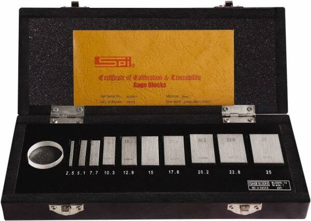 SPI 10 Piece, 2.5 to 25mm, Grade AS1, Steel Gage Block Set Rectangular
