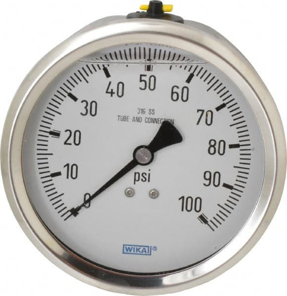 WIKA 4" Dial, 1/2 Thread, 0100 Scale Range, Pressure Gauge Lower Back