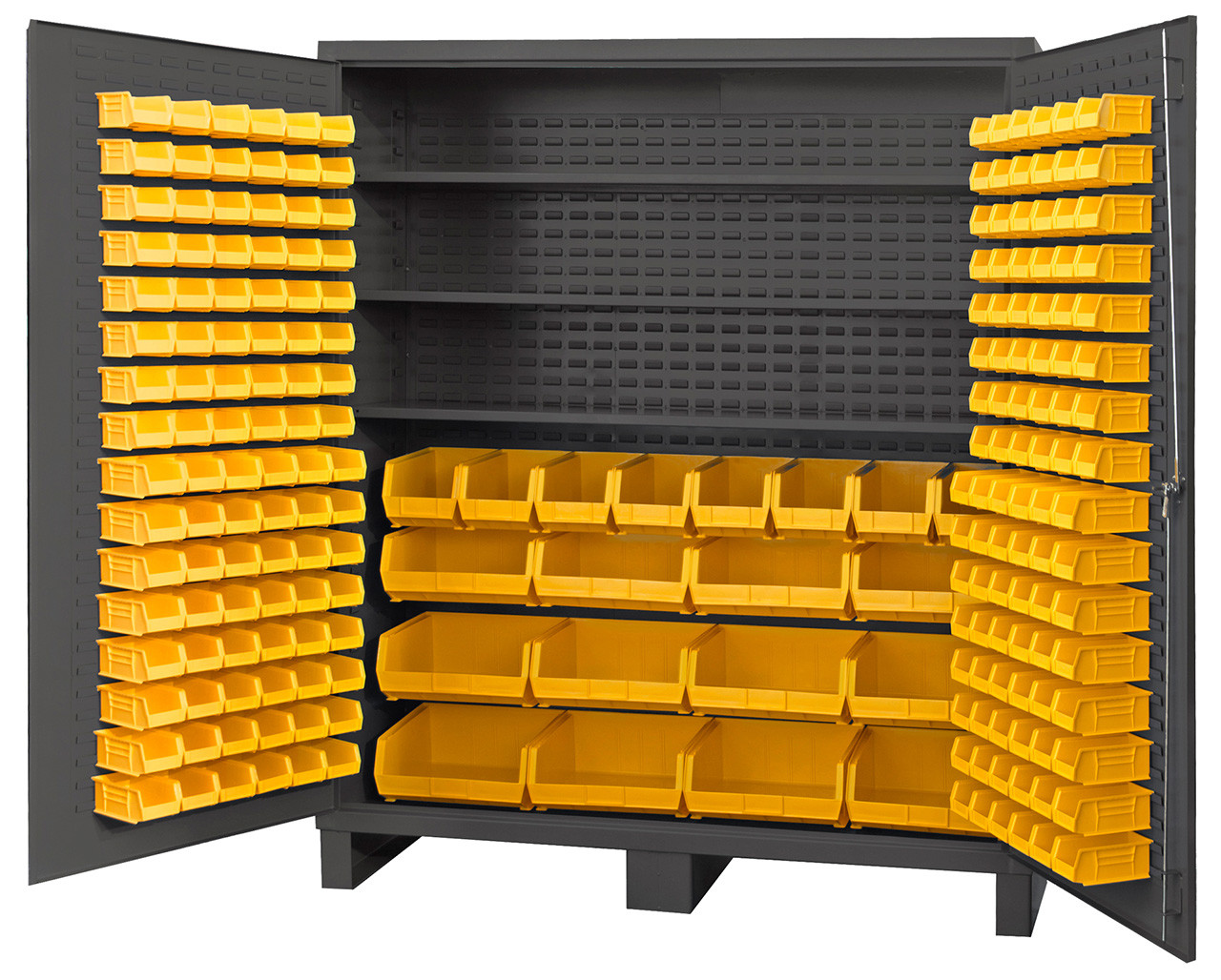 912785-4 Durham Bin Cabinet: 36 in x 24 in 72 in, 4 Shelves, 96 Bins,  Yellow, Deep Box, 14 ga Panel, Gray