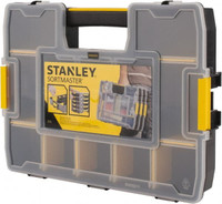 Stanley 10 Compartment Clear, Black, Yellow Small Parts Deep Storage Box  17-1/2 Wide x 14-1/2 High x 4-1/2 Deep, Polypropylene Resin Frame,  3-1/4 Bin Width x 3-1/2 Bin Height x 4-3/8 Bin