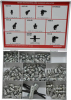 Alemite 134 Piece, Inch, Box Nickel/Copper Grease Fitting Set Includes PTF, Taper Thread Types, Includes 1/4-28 NPT: (24) Straight, (12) 45°, (12) 90°, 1/8 PTF: (36) Straight, (12) 30°, (12) 45°, (12) 90° 2364-1 - 03245099