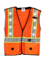 High-visibility orange reflective safety vest with silver reflective tape for construction, roadside assistance, industrial work, and night safety applications.