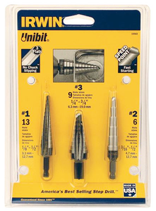 Irwin UNIBIT HSS 3 Piece Step Drill Set, Range 1/8"to 1/2"by 1/32nds,3/16"to 1/2" & 1/4" to 3/4" by 1/16ths