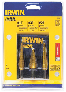 Irwin UNIBIT HSS 3 Piece TiN Coated Step Drill Set, Range 1/8"to 1/2"by 1/32nds,3/16"to 1/2" & 1/4" to 3/4" by 1/16ths - 01-906-055