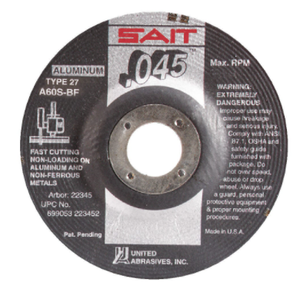 United Abrasives Depressed Center Grinding Wheel, 4" Dia., 5/8" Hole, Type 27 Grit A60S