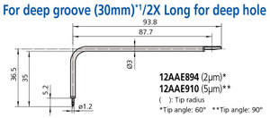 Mitutoyo Deep Groove Stylus (30mm) 2X Long for Deep Hole, Tip Angle 90°, Tip Radius (5µm) - 12AAE910